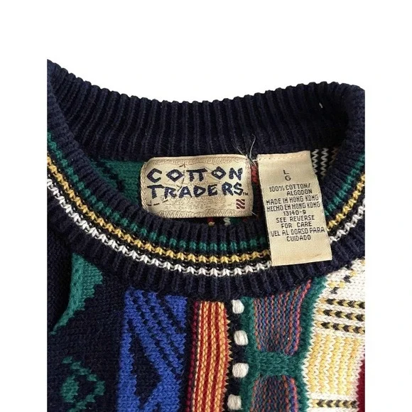 Vintage 90s Cotton Traders Coogi Style Colorful 3D Knit Crewneck Sweater Retro L - Picture 5 of 12